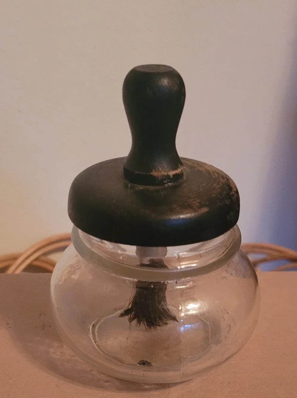Vintage Glass Paste Mucilage Brush Bottle Jar With Wooden Lid